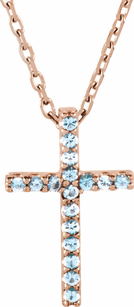 14k rose aquamarine petite cross 16" necklace 