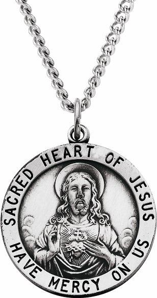 sterling silver 25 mm round sacred heart of jesus 24" necklace