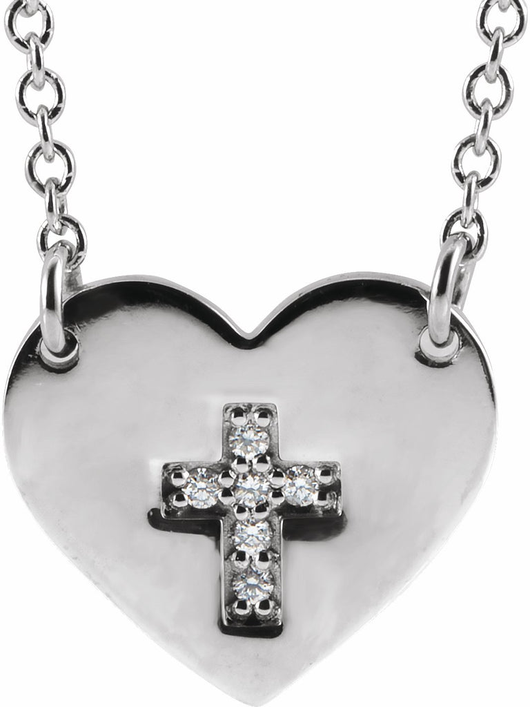 14k white .02 ctw diamond heart & cross 16-18" necklace 