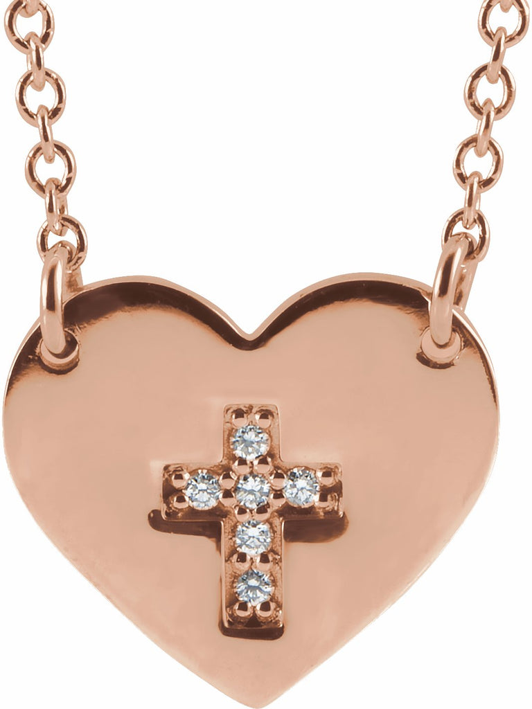 14k rose .02 ctw diamond heart & cross 16-18" necklace 