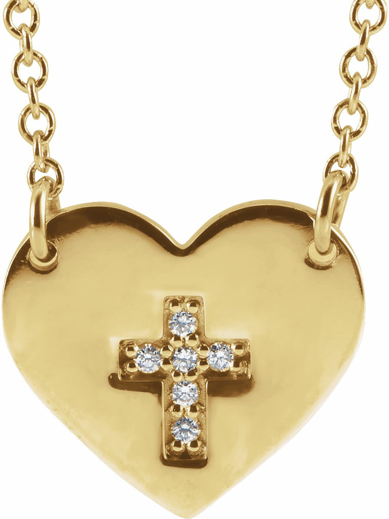 14k yellow .02 ctw diamond heart & cross 16-18" necklace 