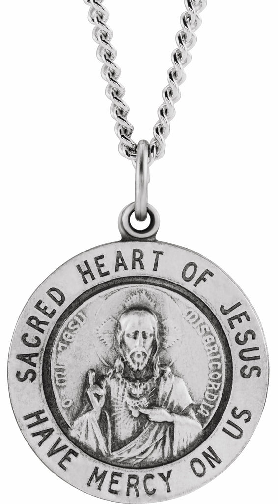 sterling silver 22 mm round sacred heart of jesus 24" necklace