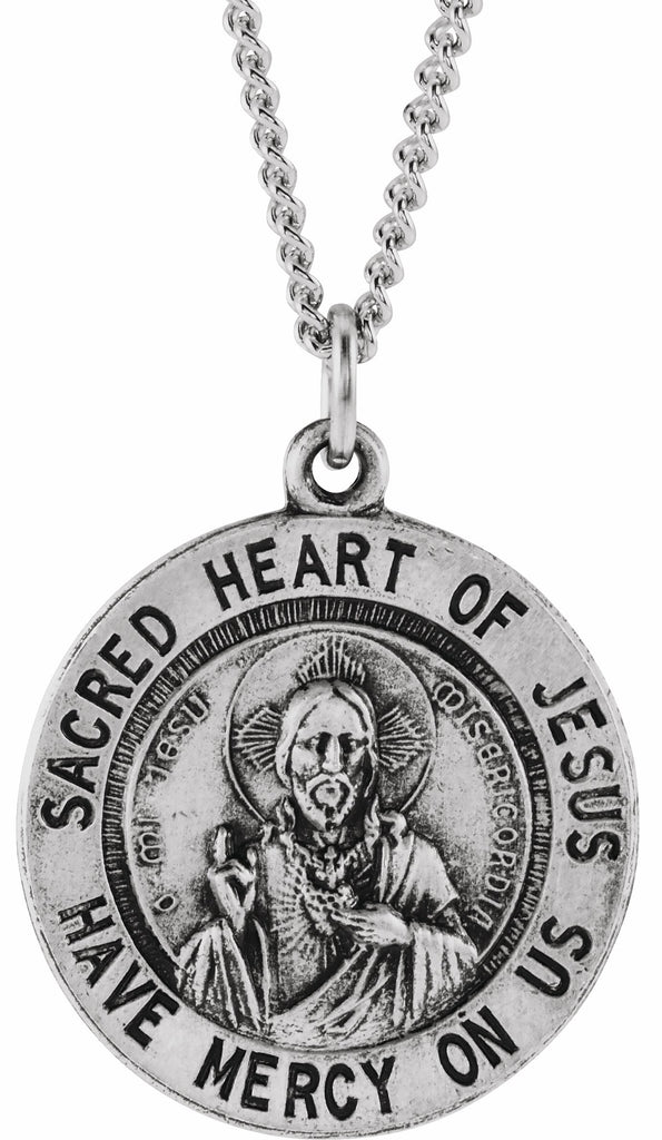 sterling silver 18.5 mm round sacred heart of jesus 18" necklace