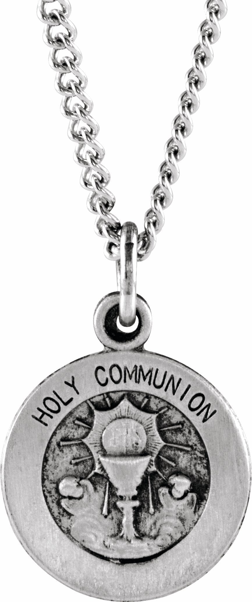 sterling silver 12 mm round holy communion medal with 18" chain 