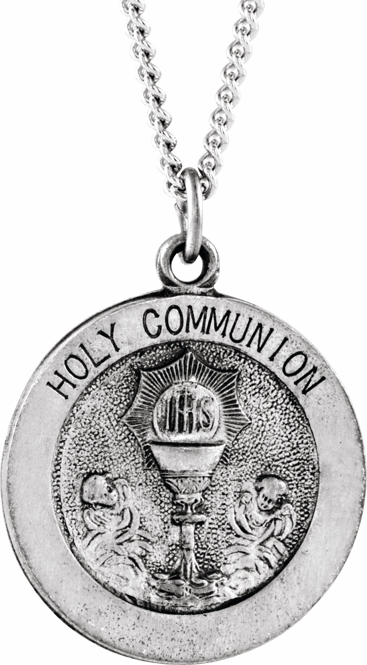 sterling silver 18 mm round holy communion medal with 18" chain 