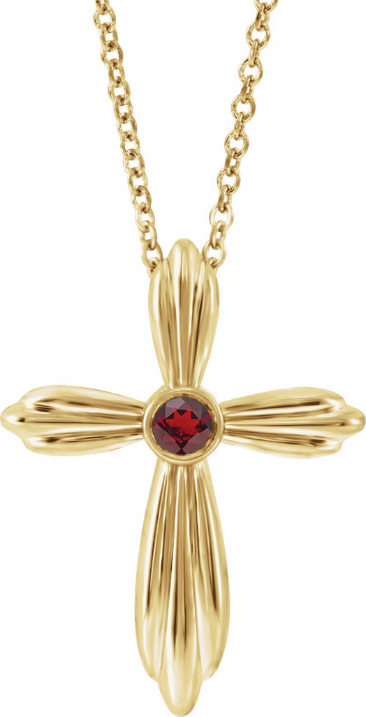 14k yellow mozambique garnet cross 16-18" necklace      