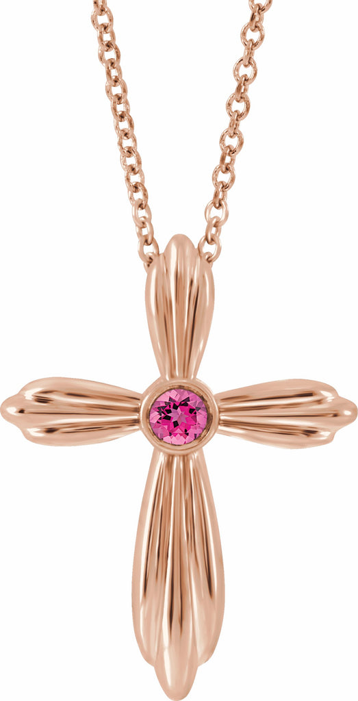 14k rose pink tourmaline cross 16-18" necklace