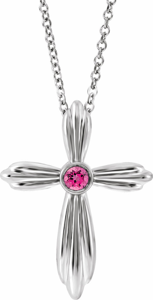 14k white pink tourmaline cross 16-18" necklace