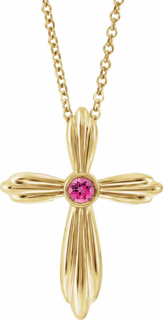 14k yellow pink tourmaline cross 16-18" necklace        