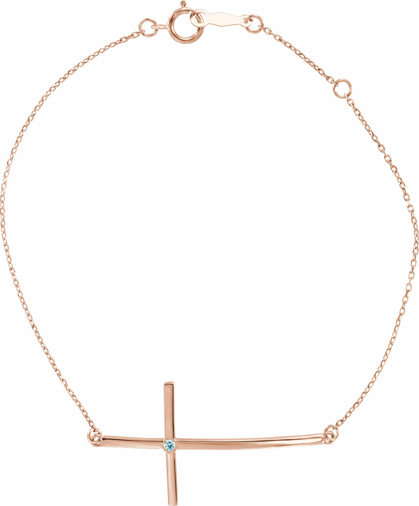 14k rose aquamarine sideways cross bracelet   