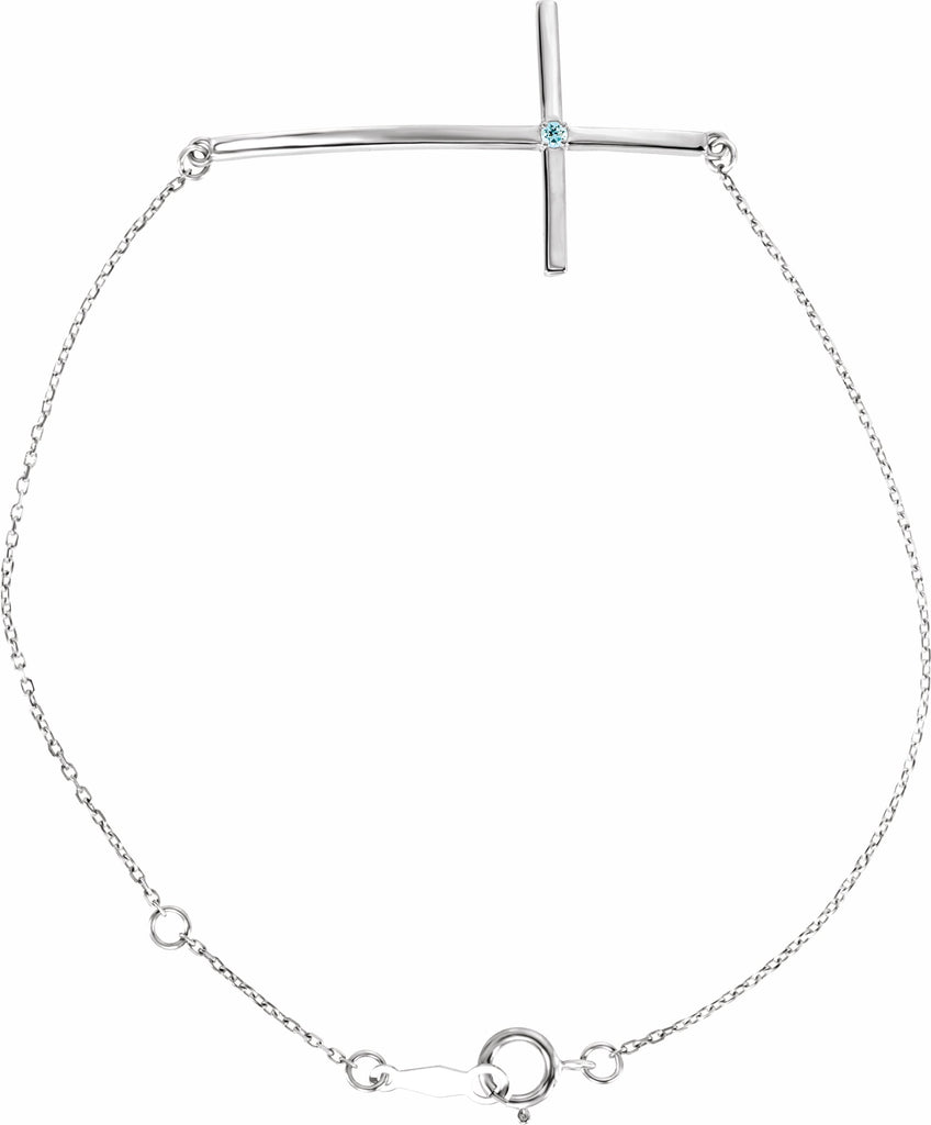 platinum aquamarine sideways cross bracelet   