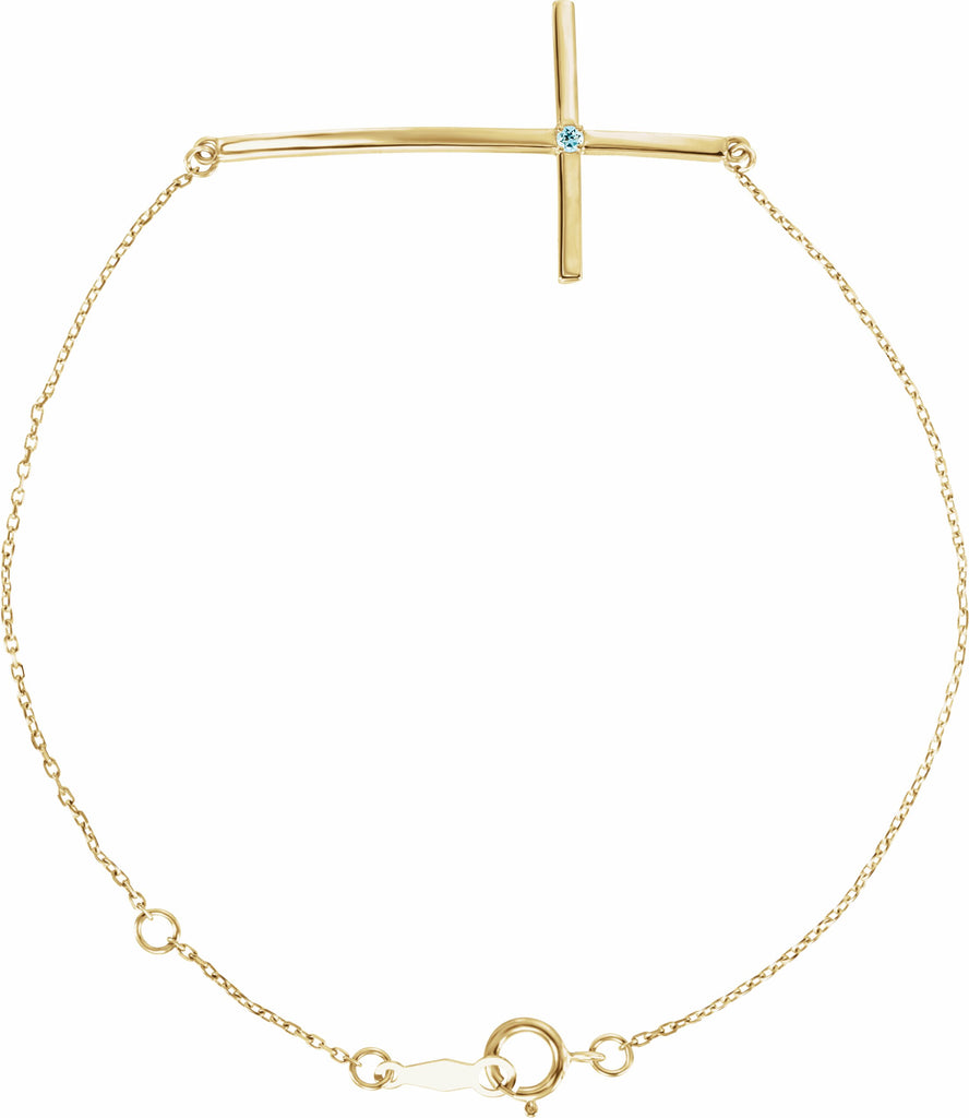14k yellow aquamarine sideways cross bracelet   