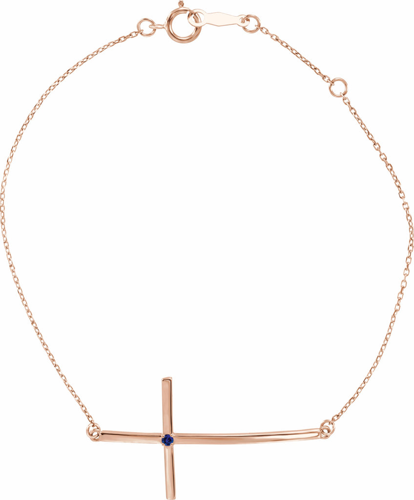 14k rose blue sapphire sideways cross bracelet  