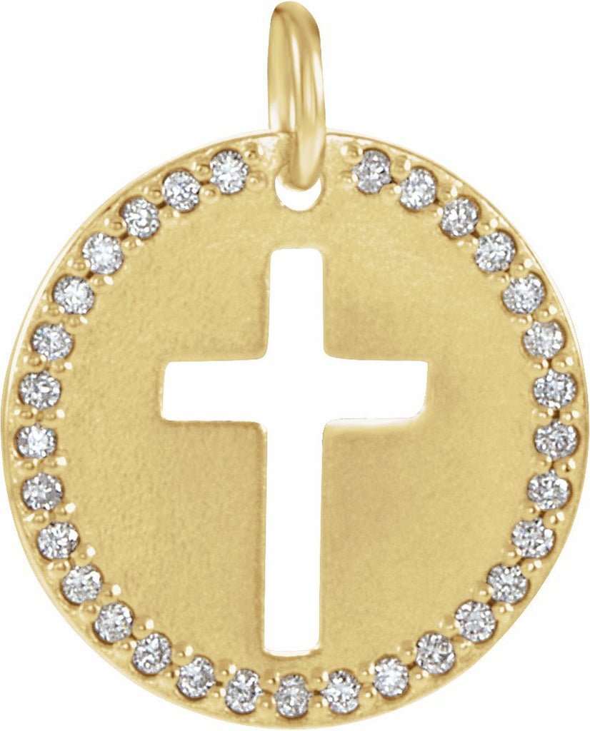 14k yellow .08 ctw diamond pierced cross disc pendant 