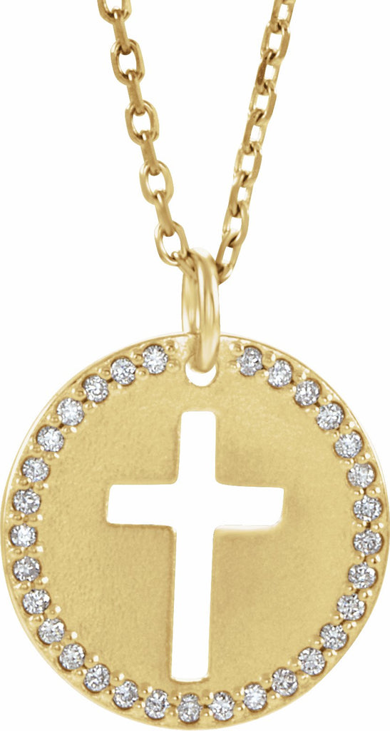 14k yellow .07 ctw diamond pierced cross disc 18" necklace