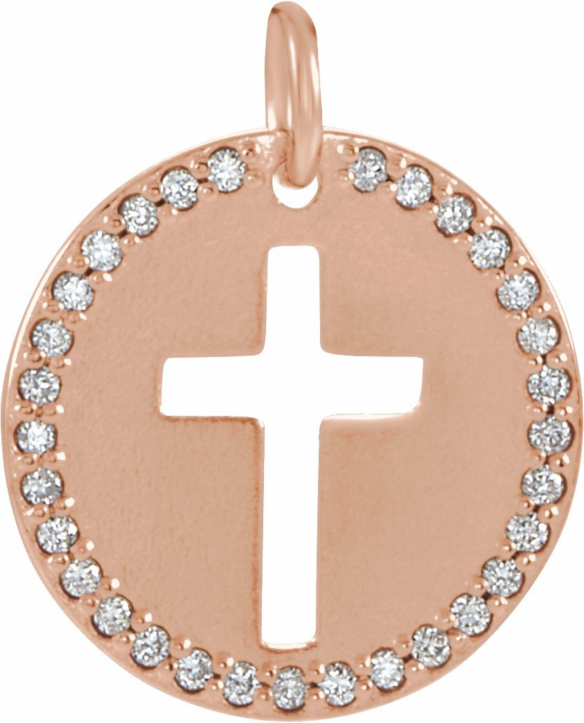 14k rose .08 ctw diamond pierced cross disc pendant 