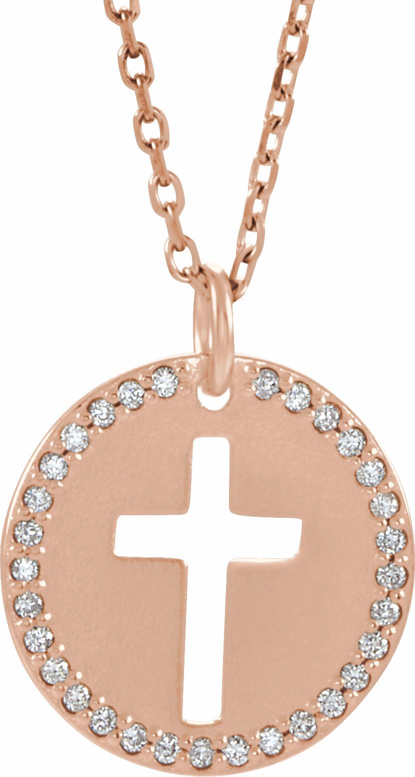 14k rose .07 ctw diamond pierced cross disc 18" necklace