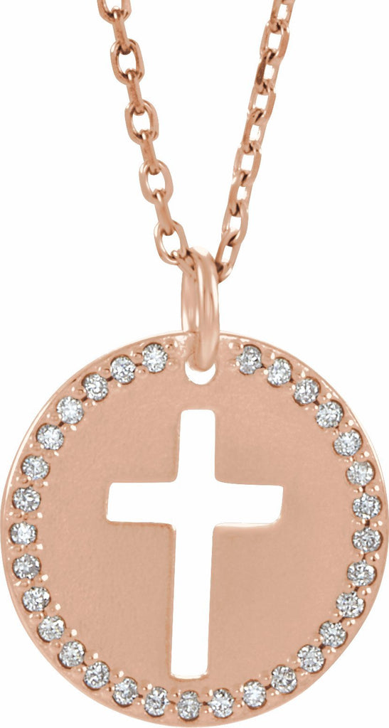 14k rose .07 ctw diamond pierced cross disc 18" necklace