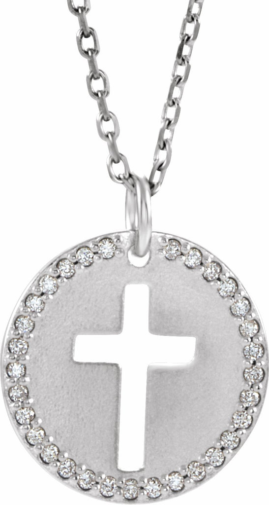 14k white .07 ctw diamond pierced cross disc 18" necklace