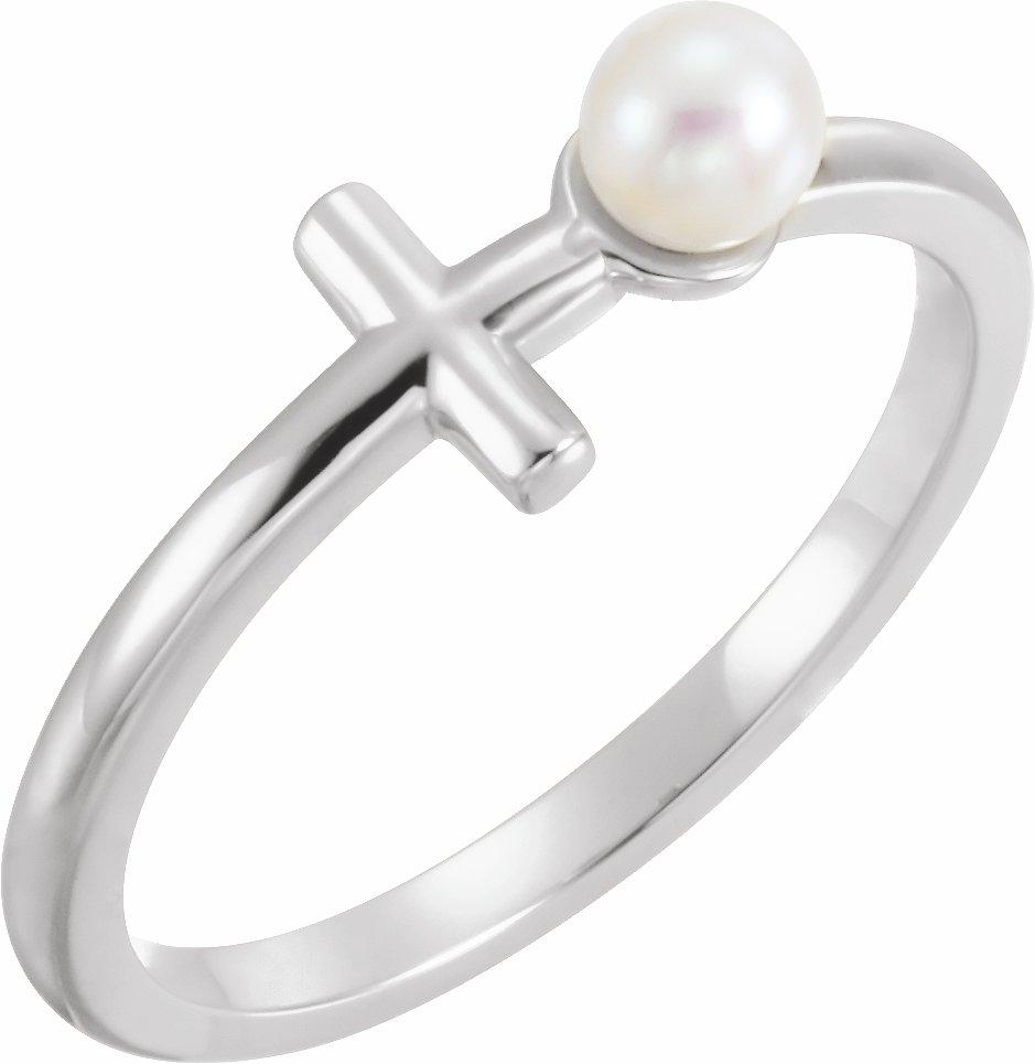 14k white freshwater cultured pearl sideways cross ring 