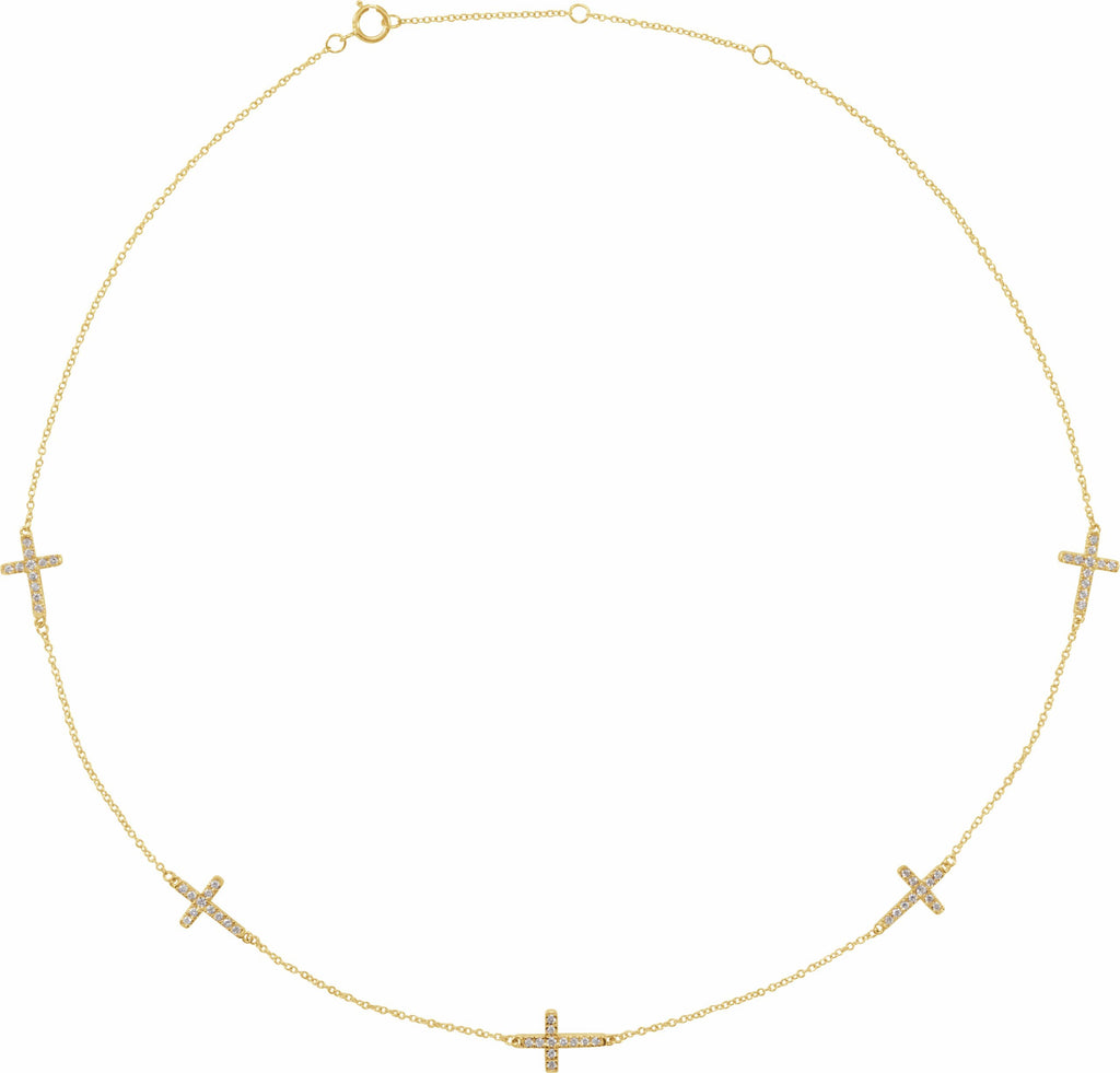 14k yellow 1/8 ctw diamond 5-station cross adjustable 16-18â€ necklace 