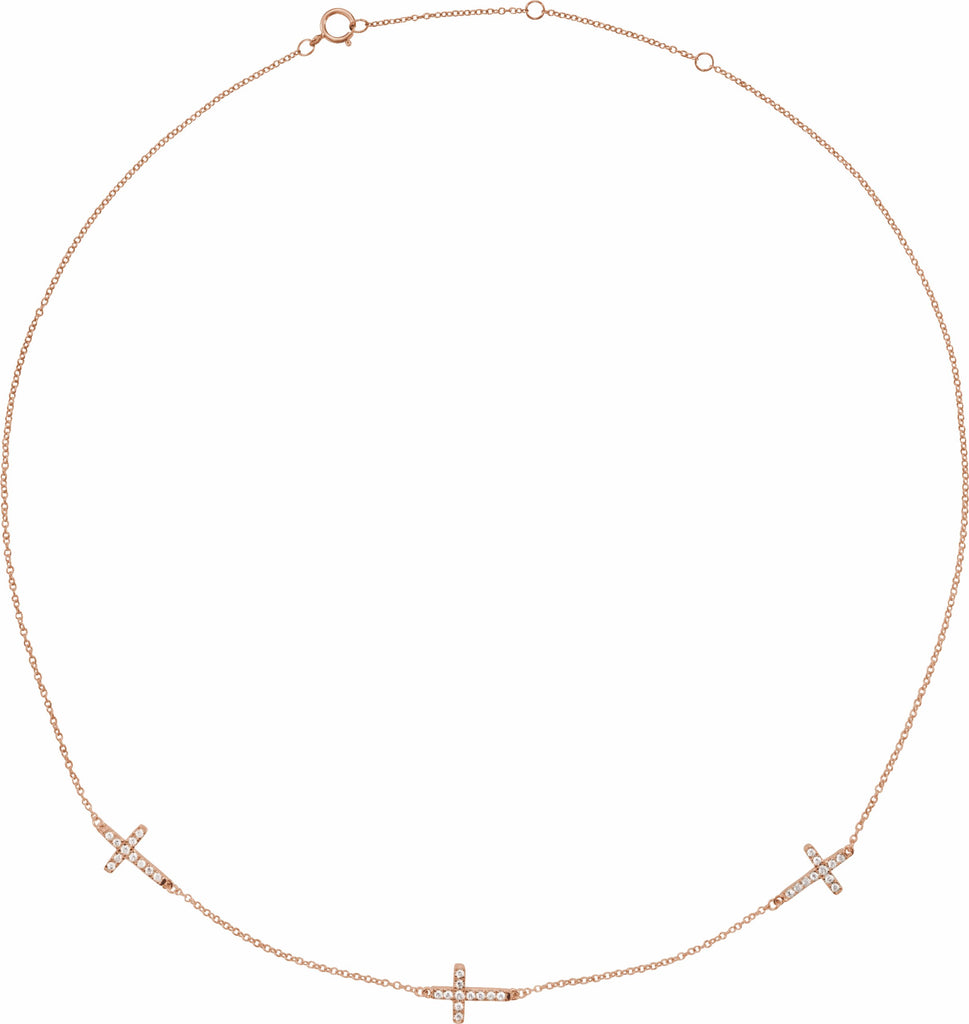 14k rose 1/4 ctw diamond 3-station cross adjustable 16-18â€ necklace
