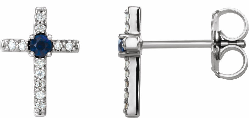 14k white chathamâ® created blue sapphire & .06 ctw diamond cross earrings   