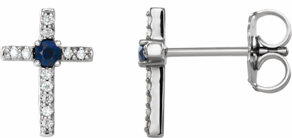 platinum chathamâ® created blue sapphire & .06 ctw diamond cross earrings   