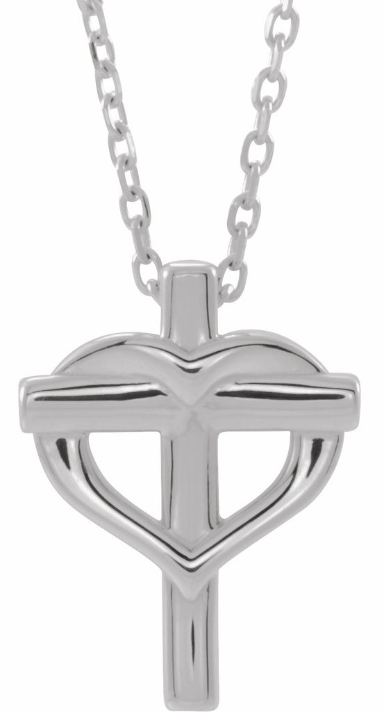 14k white youth cross with heart 15" necklace