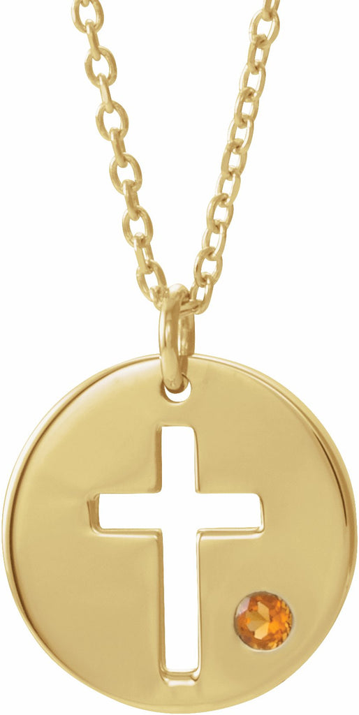 14k yellow citrine pierced cross disc 16-18" necklace 