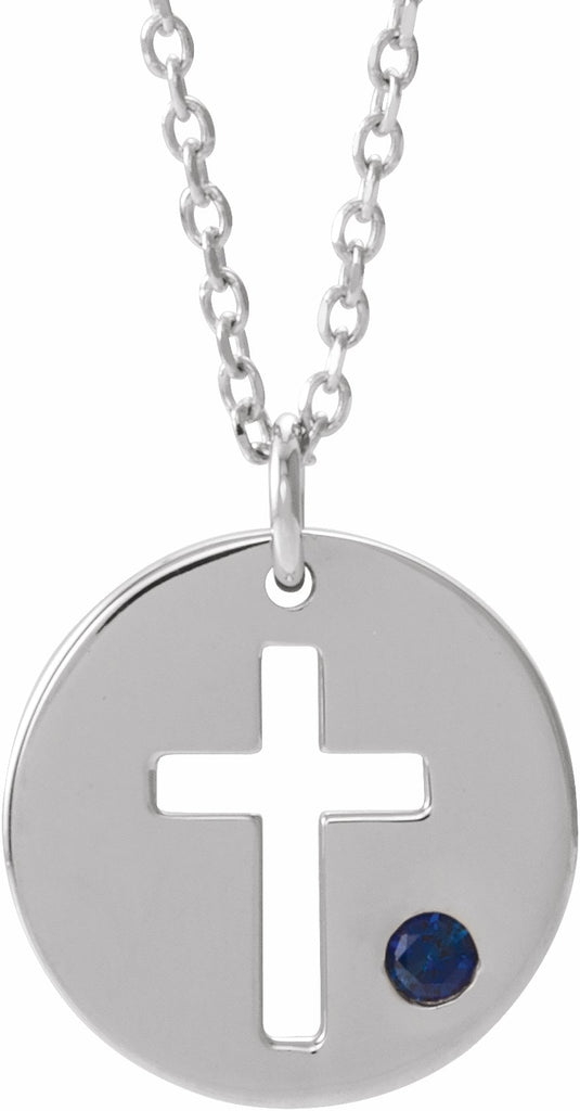 14k white sapphire pierced cross disc 16-18" necklace 