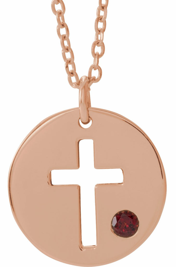 14k rose garnet pierced cross disc 16-18" necklace 