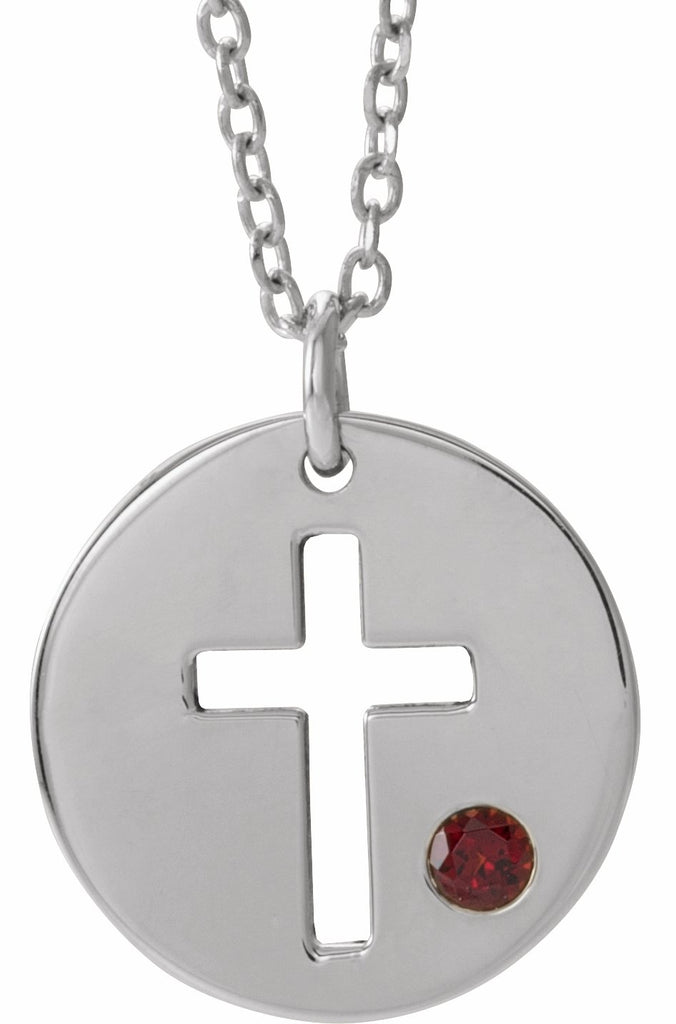 14k white garnet pierced cross disc 16-18" necklace 