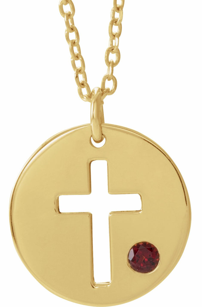 14k yellow garnet pierced cross disc 16-18" necklace 