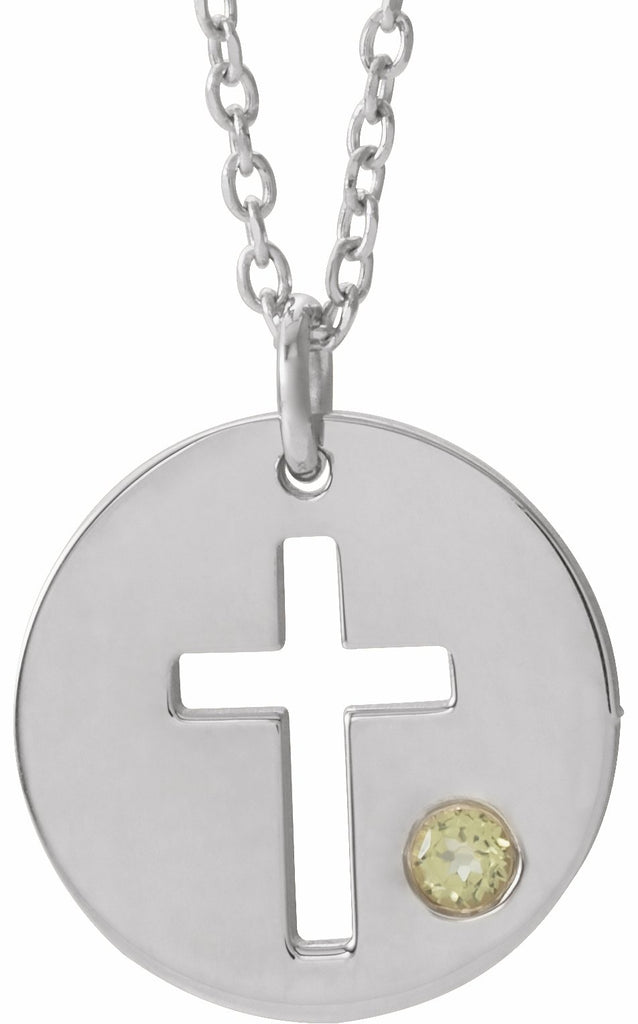 14k white peridot pierced cross disc 16-18" necklace 