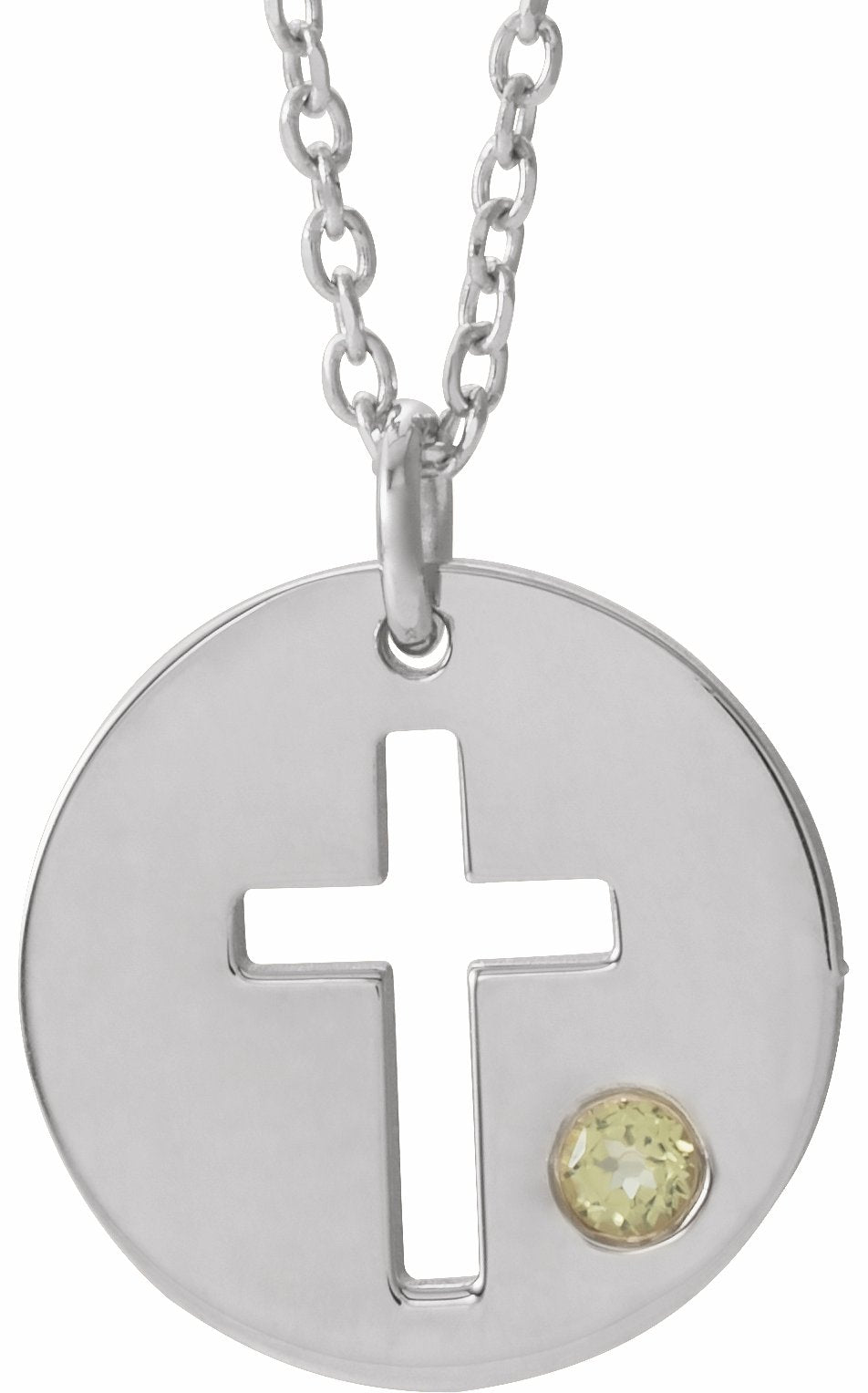 sterling silver imitation peridot pierced cross disc 16-18" necklace 