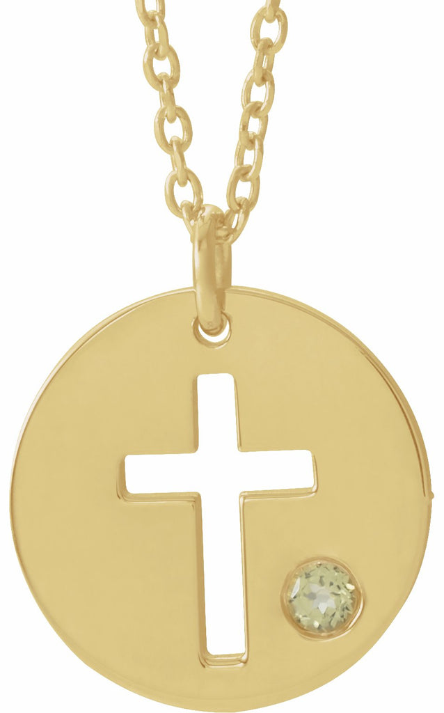 14k yellow peridot pierced cross disc 16-18" necklace 