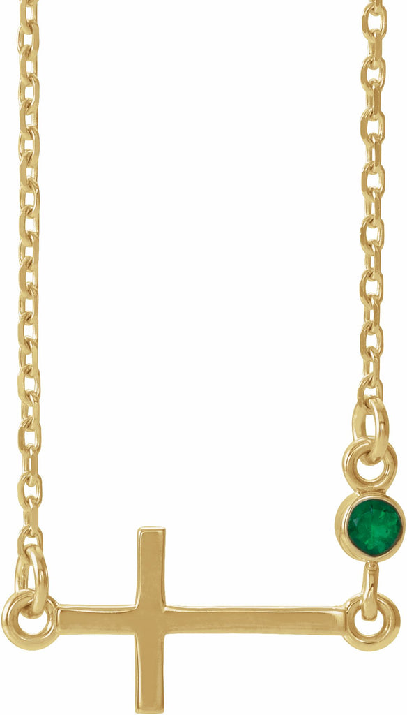 14k yellow chathamâ® created emerald sideways accented cross 16-18" necklace