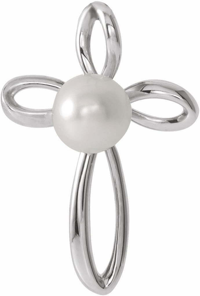 14k white freshwater cultured pearl cross pendant