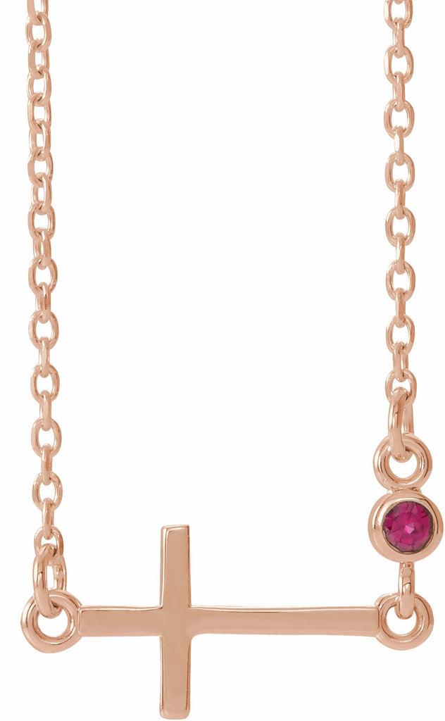 14k rose ruby sideways accented cross 16-18" necklace