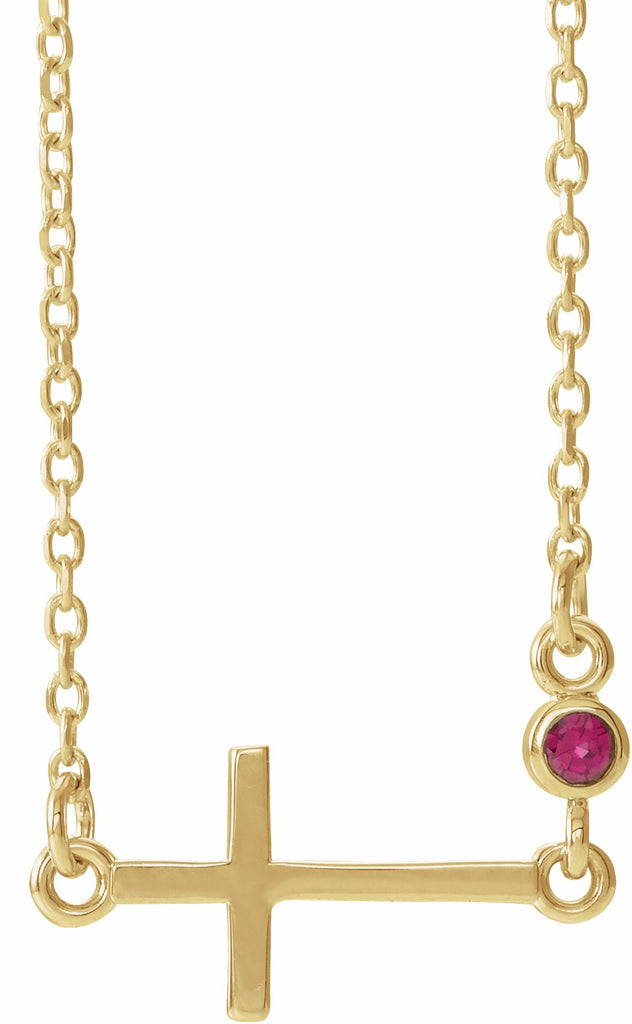 14k yellow chathamâ® created ruby sideways accented cross 16-18" necklace 