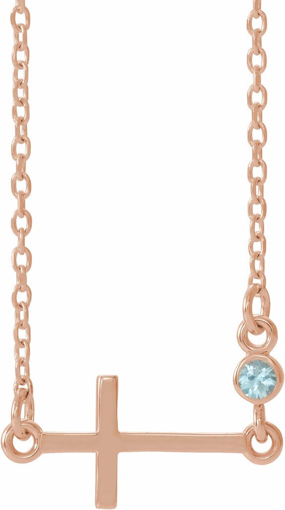 14k rose blue zircon sideways accented cross 16-18" necklace