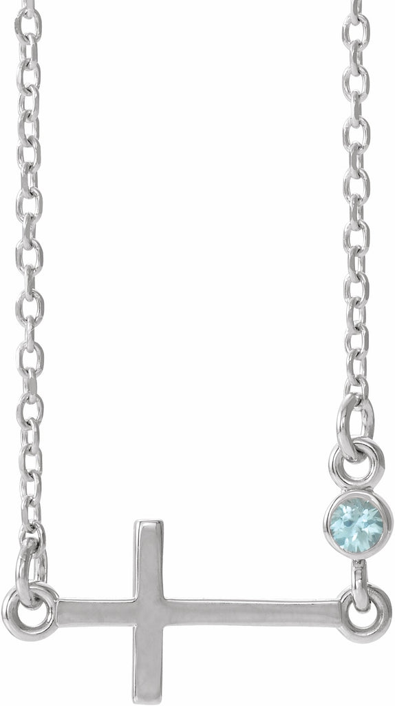 14k white blue zircon sideways accented cross 16-18" necklace