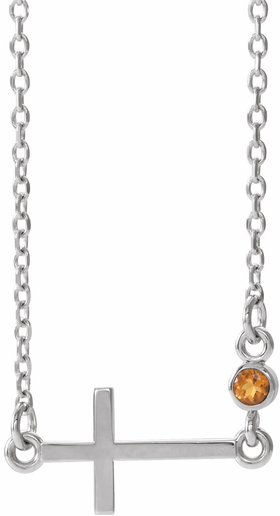 14k white citrine sideways accented cross 16-18" necklace