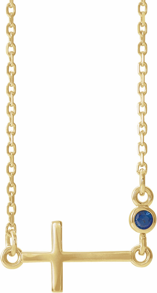 14k yellow chathamâ® created blue sapphire sideways accented cross 16-18" necklace 