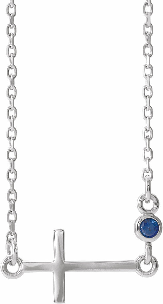 sterling silver chathamâ® created blue sapphire sideways accented cross 16-18" necklace 