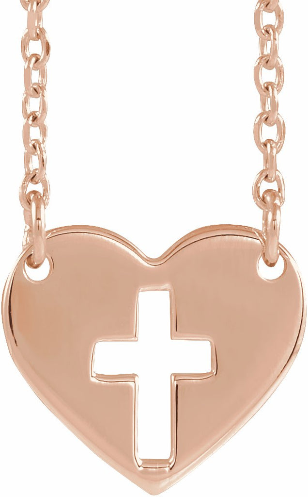 14k rose pierced cross heart 16-18" necklace