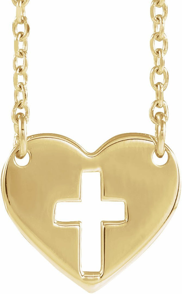 14k yellow pierced cross heart 16-18" necklace