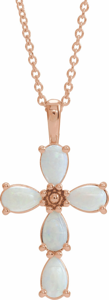 14k rose cabochon white opal cross 16-18" necklace