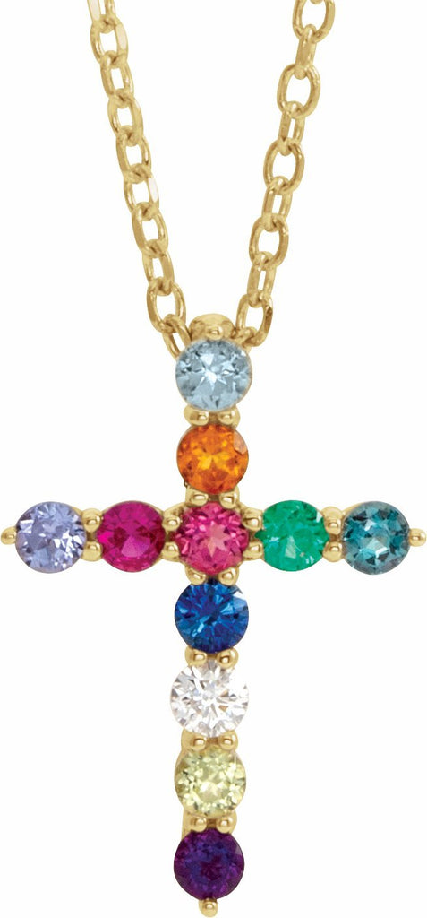 14k yellow 14.6x10.5 mm .03 ct multi-gemstone cross 16-18" necklace